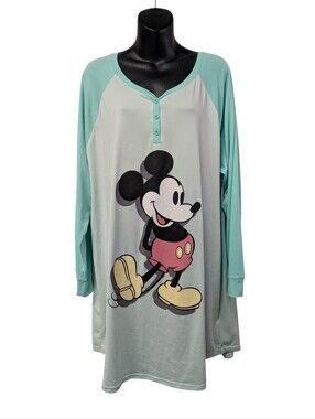 Disney Mickey Mouse Sleep Shirt Women's Size XL Mint Green Long Sleeve Nightgown
